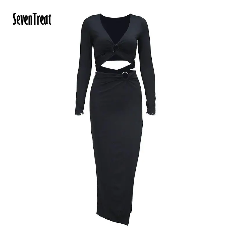 

Long Sleeve Tracksuit Female Summer Clothes for Women Hollow Out Tops Long Skirt Two Piece Set 2021 Solid Elegant Matching Set