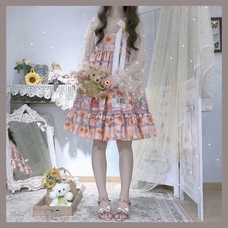 Женское платье пончо с подсолнухами и бантом летнее принцессы в японском стиле