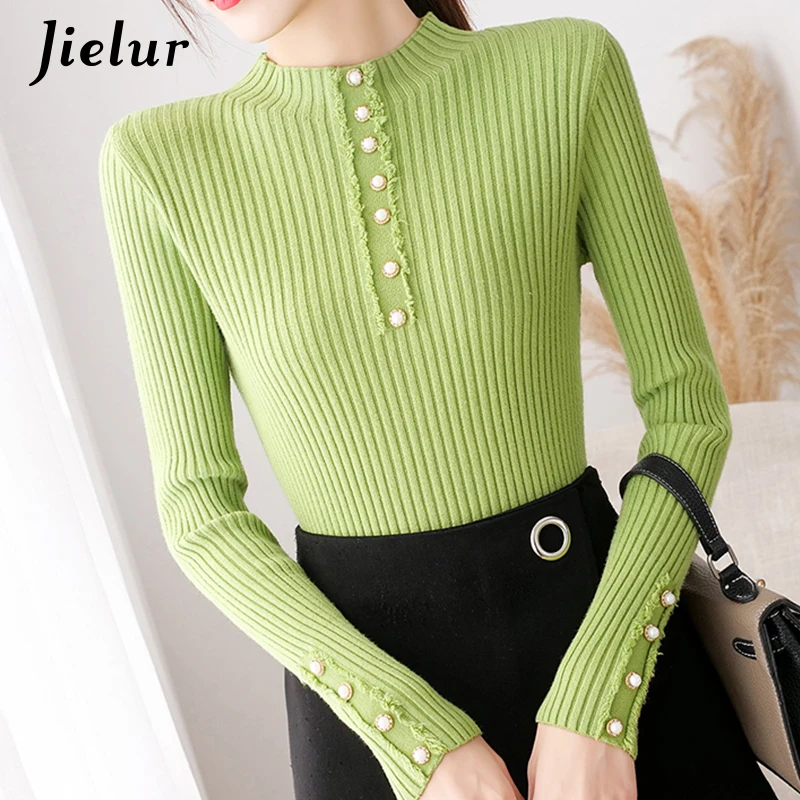 Jielur 2021 White Black Female Sweaters Fashion Thick Beading Lady Knitted Sweater Women Semi-high Neck Korean Top 5 Colors S-XL | Женская