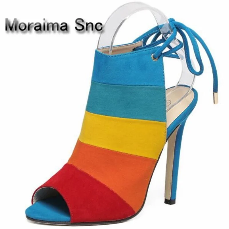 

Moraima Snc Brand peep toe summer women shoes Rainbow colors Beach vacation shoes lace up high heels sandals ladies dress pumps