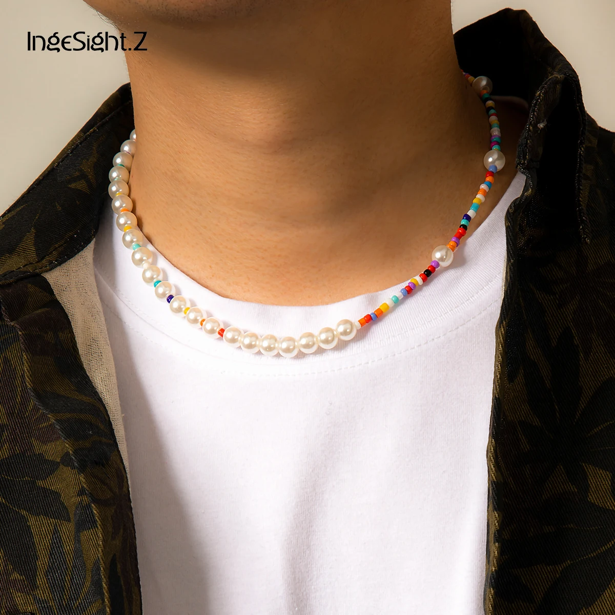 

IngeSight.Z Rainbow Colorful Seed Beaded Choker Necklace Punk Imitation Pearl Chain Short Necklaces Collier for Women Jewelry