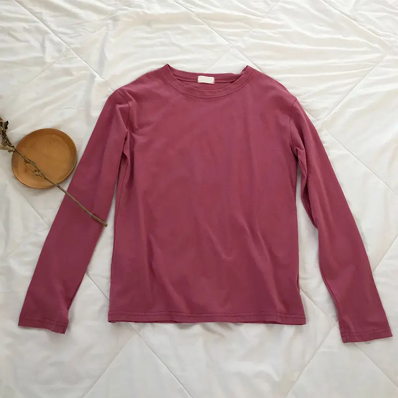 Rose red 22 Однотонная футболка с длинным рукавом Женская Kpop шикарная свободная хлопковая Футболка с круглым вырезом черная Harajuku Kawaii простая Базовая футболка Femme - Цвет: Rose red