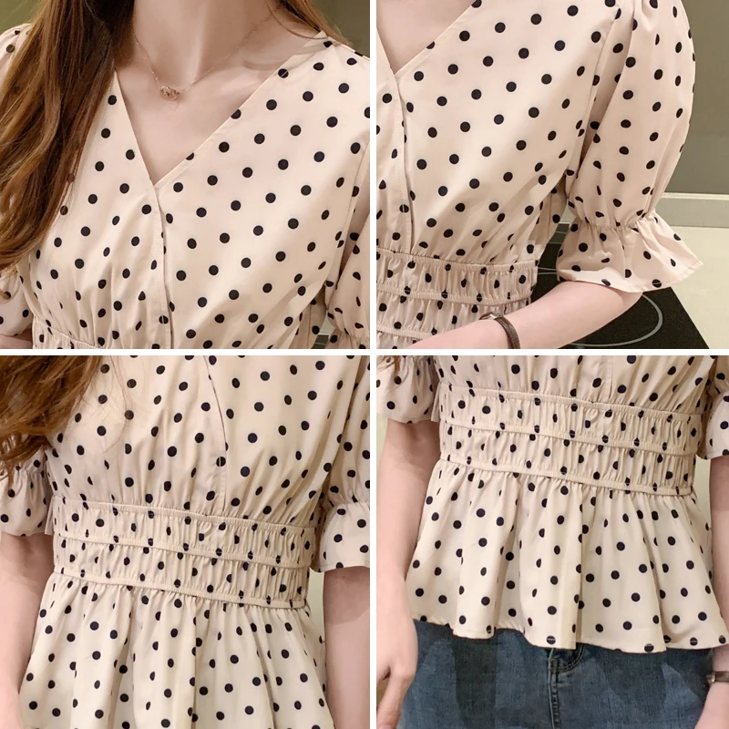 

Blusas 2021 Korean Vintage V-neck Polka Dot Short Sleeve Chiffon Blouse Women Elegant Slim Waist Ruffles Female Blouse 8970 50