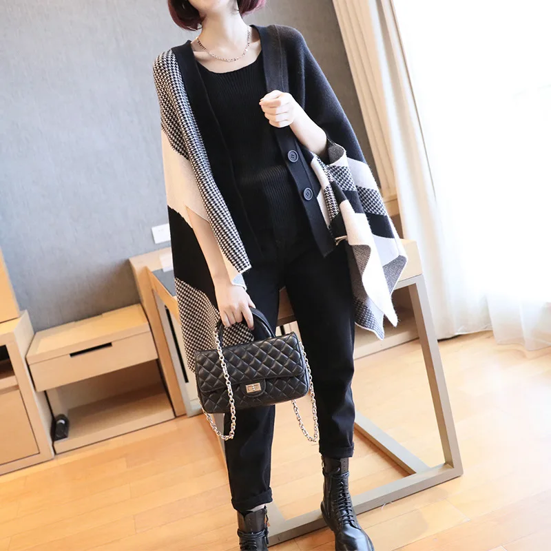 

2020 New Autumn and Winter Women's Knitted Cardigan Midi Singer Breasted Black Knit Sweater Coat Loose Shawl Outer Matching Top