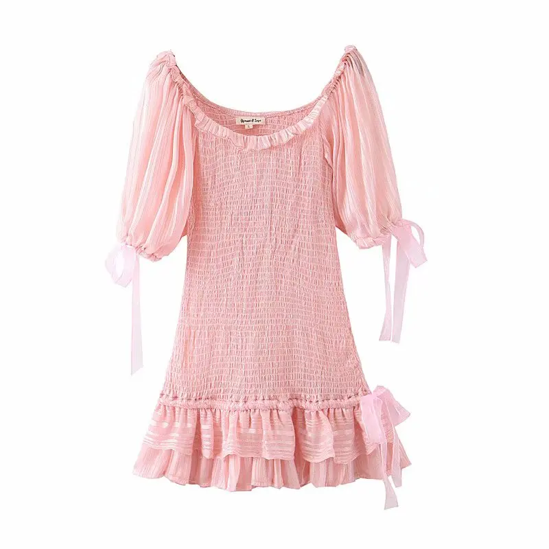 Linjiashop Loveshackfancy autumn pink dress short sleeve vintage slim special chiffon ruffles mini dress dropshipping