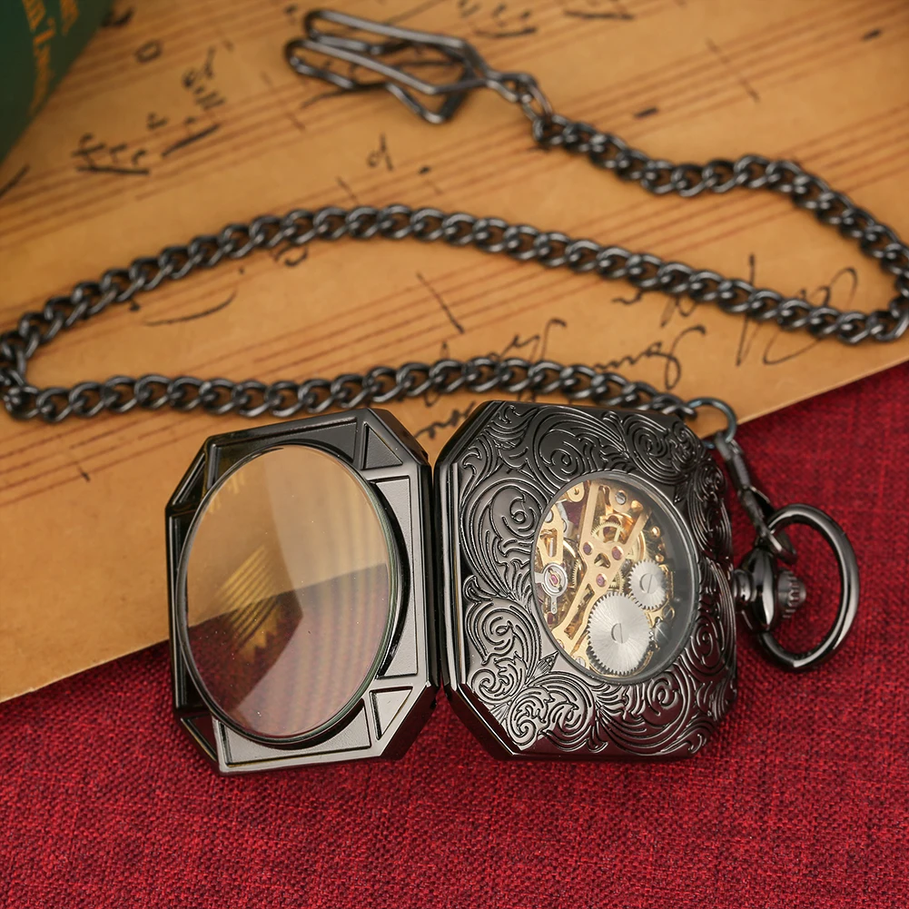 Vintage Octagonal Mechanical Hand Wind Pocket Watch Skeleton Dial Pendant Watch Fob Chain Clock Hours Men Women Gifts Relgio