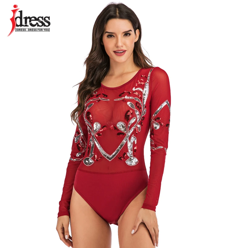 IDress сексуальное прозрачное боди с сеткой и пайетками длинным рукавом для походов