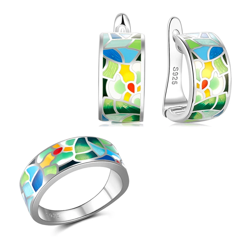 

OGULEE Colorful pastoral style Silver 925 Jewelry Set Unique handmade enamel Original 925 Sterling Silver Earring Ring for Women