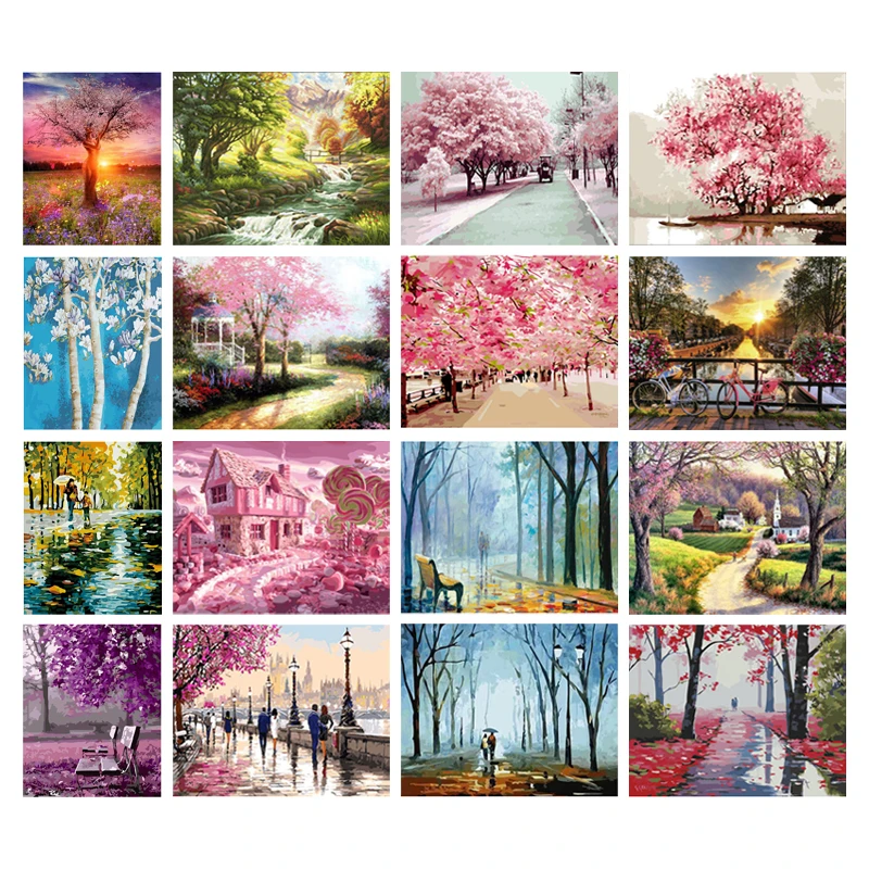 

Алмазный пейзаж, розовое Вишневое дерево и лесной путь, алмазная живопись, полный квадратный/круглый пейзаж, картина, мозаика для украшения ...