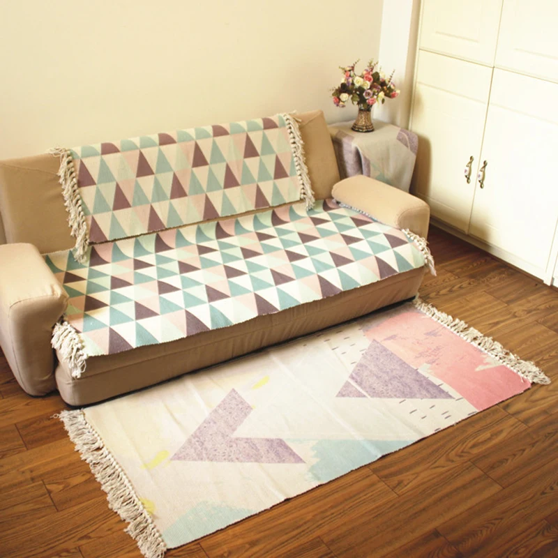 

Retro Bohemian Hand Woven Cotton Linen Carpet With Tassel Door Bedroom Tapestry Decorative Blanket Living Room Carpet Area Rug