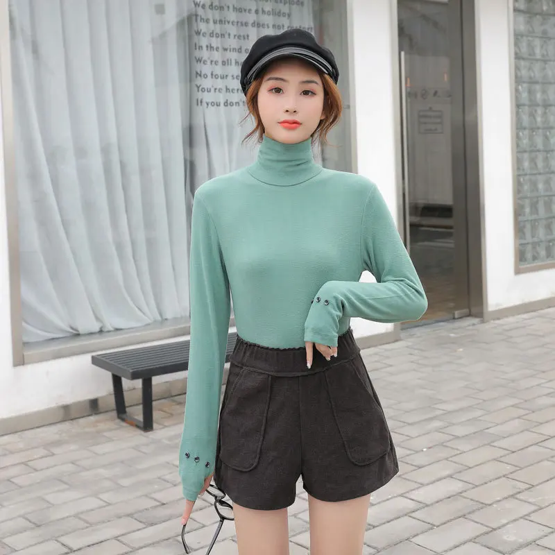 Женские футболки с воротником стойкой теплый Топ длинным рукавом и высоким