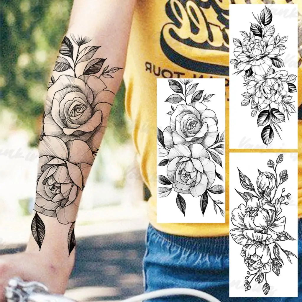 

Pencil Sketch Dahlia Temporary Tattoos For Women Adults Realistic Gentian Flower Waterproof Fake Tattoo Sticker Arm Waist Tatoos