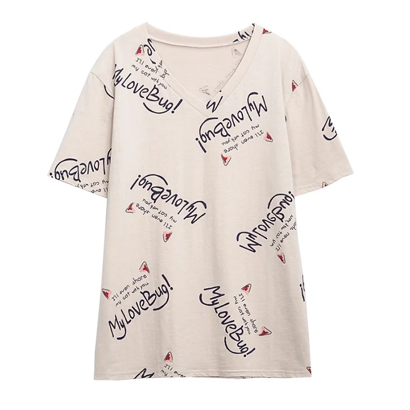 

Plus Size V Neck Tops T Shirt 2021 Summer Clothing Women Fashion Korean Letter Print T-shirt Oversized Cotton Loose Funny Tshirt