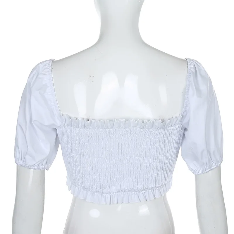 

Summer Puff Sleeve Square Neck Short Sleeve Pure Color T-shirt Women