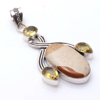 

Genuine Picture Jasper + Citrine Pendant Silver Overlay over Copper , Hand made Women Jewelry gift , 74 mm P9919