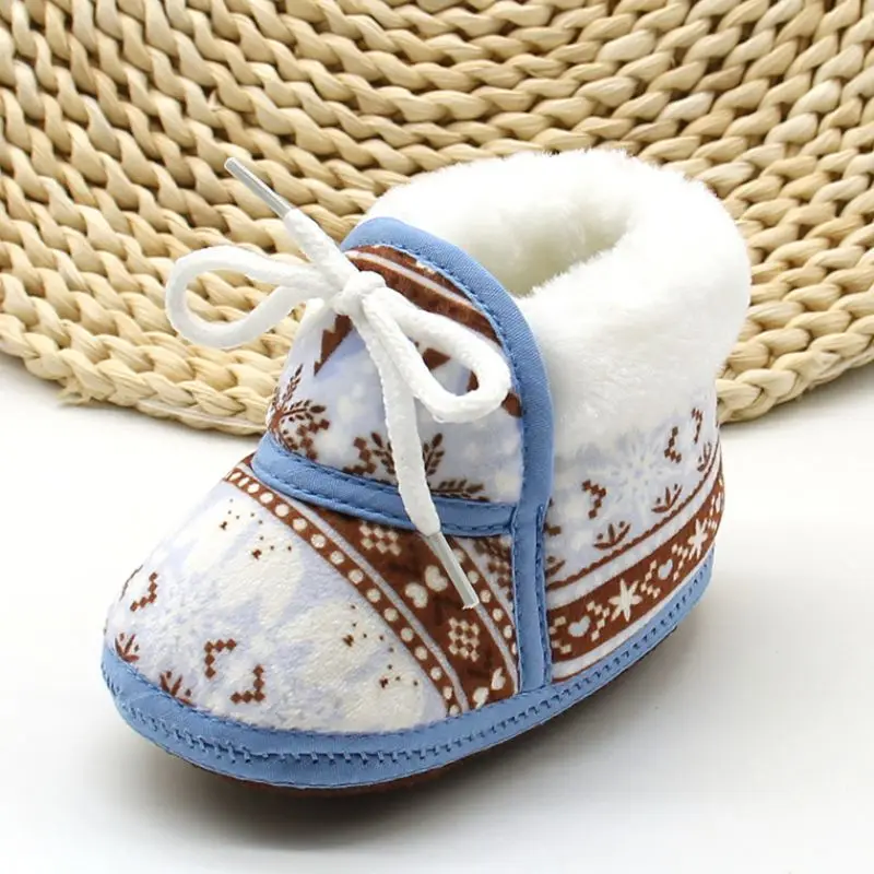 

Newborn Baby First Walkers Winter Soft Soled Cotton Fabric Toddler Retro Print Warm Shoes