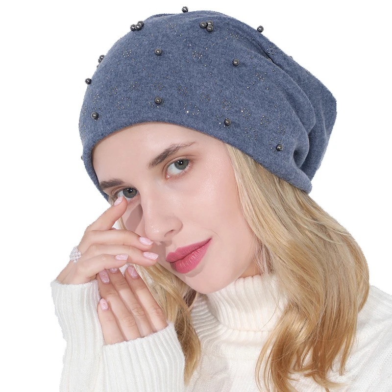 

New Autumn And Winter Women's Fashion Double Layer Cotton Hot Diamond Set Bead Cap Versatile Warm Maternity Hat