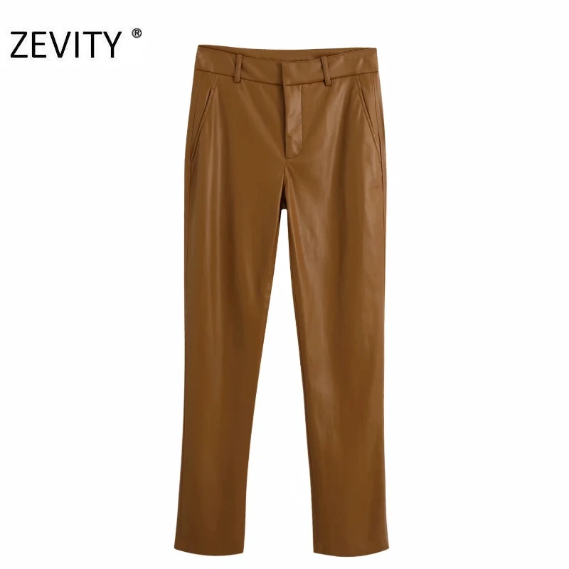 

Женские модные однотонные прямые брюки ZEVITY из искусственной кожи, женские повседневные облегающие длинные брюки на молнии, шикарные осенни...