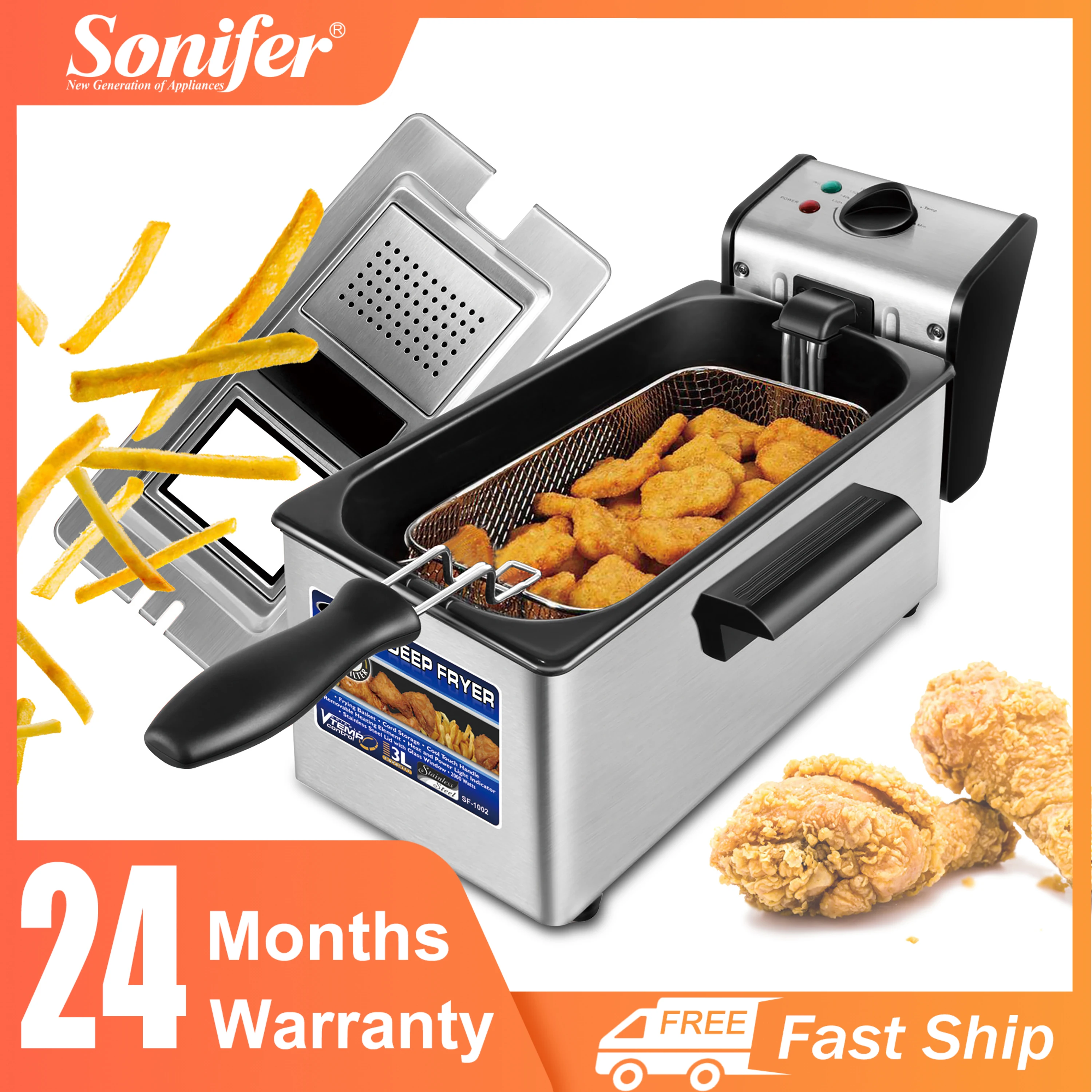 

Electric Deep Fryer 3L French Frie Frying Machine Oven Hot Pot Fried Chicken Grill Adjustable Thermostat Kitchen Cooking Sonifer