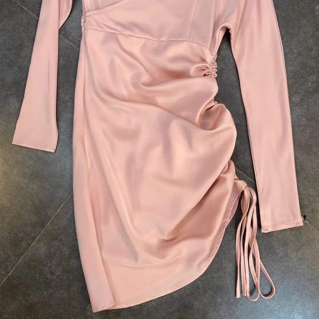 

ZCSMLL White Dresses Spring V-neck Long-sleeved Side Drawstring Elastic Bag Hip Feminine Satin Dress 2021 Summer