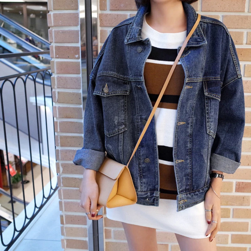 Женская джинсовая куртка Bf Wind однотонная облегающая из денима свободного покроя