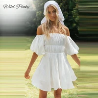 wildpinky 2021 boho style female chic sweet dresses fashion solid slash neck high waist vestidos puff sleeve summer women dress