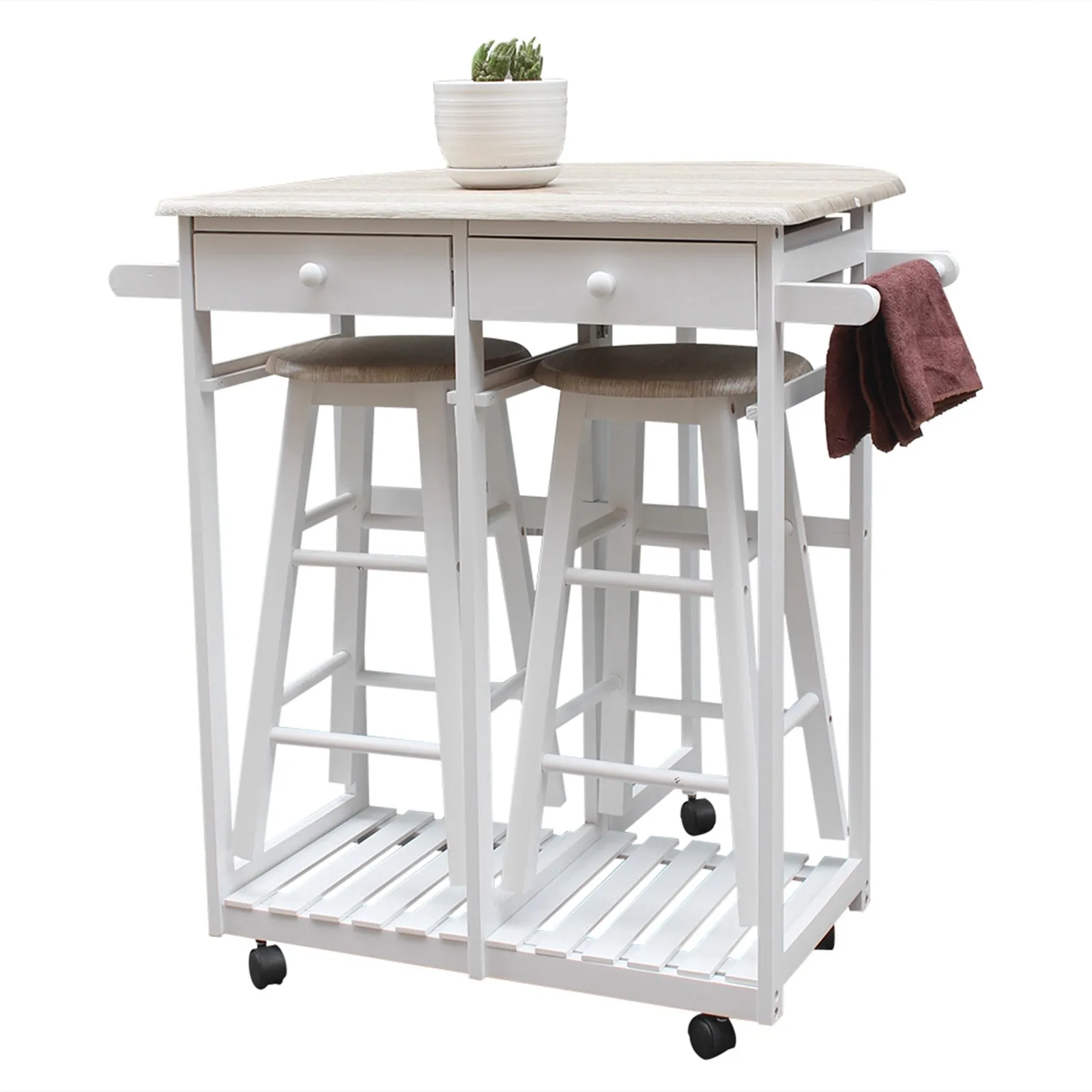 

【USA READY STOCK】FCH Foldable With Wooden Handle Semicircle Dining Cart With Round Stools White