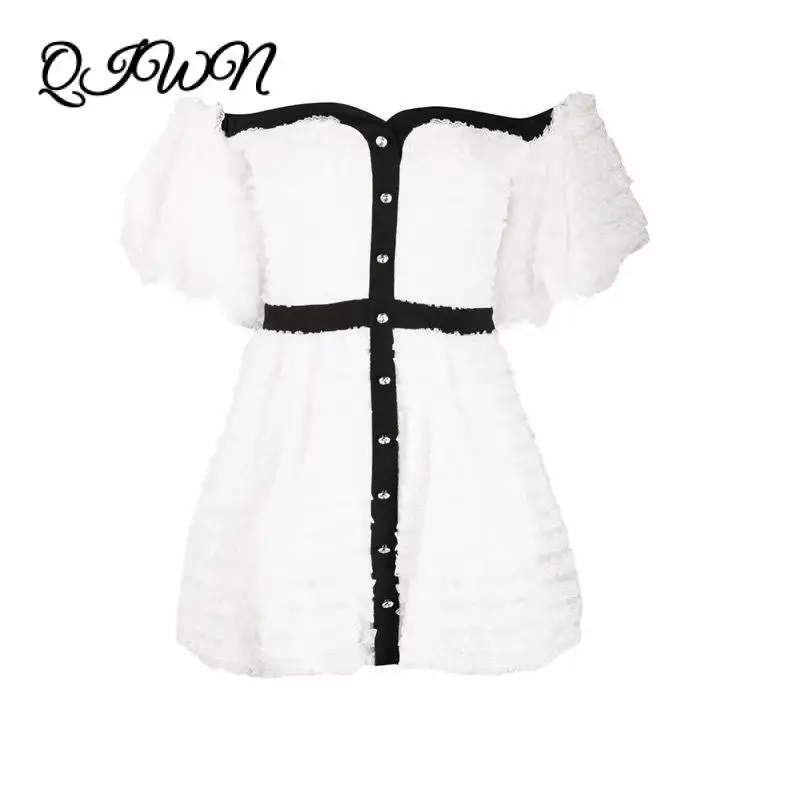 

Runway Sexy Puff High Fashion Dresses Sleeve White Lace Ruffles A-line Mini Dress Luxury Brand Party Clothing 2020 New