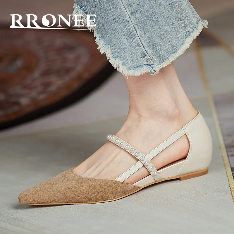 

Fashionable and elegant clashing color bag heel pearl women's shoes hollow head flat heel sandals