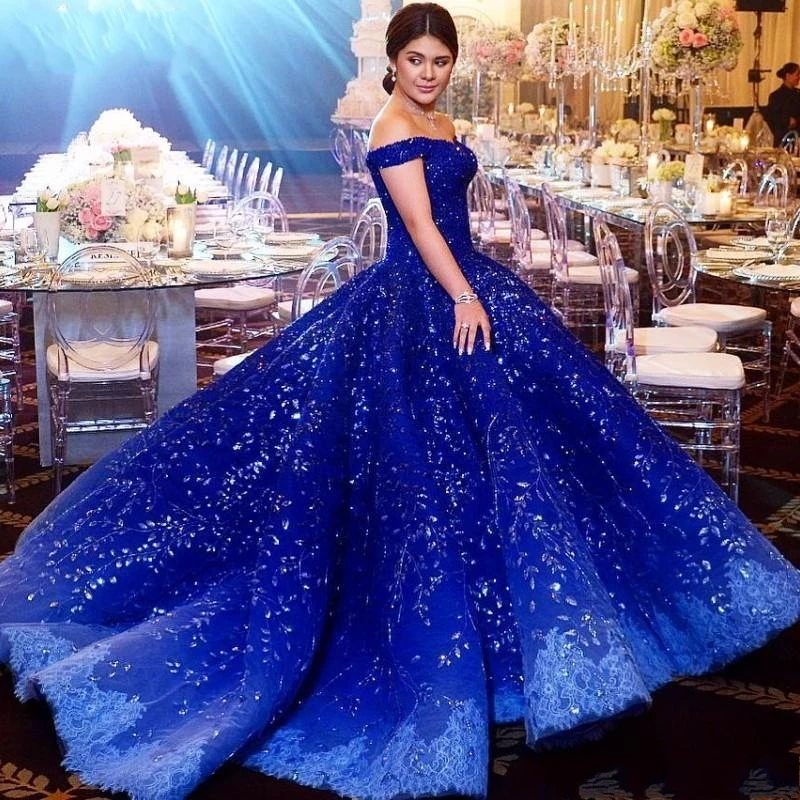 2020 Royal Blue Luxury Dubai Prom Dress Beads Crystal Applique Off Shoulder Evening Gowns Gorgeous Lace Ball Gown Engagement