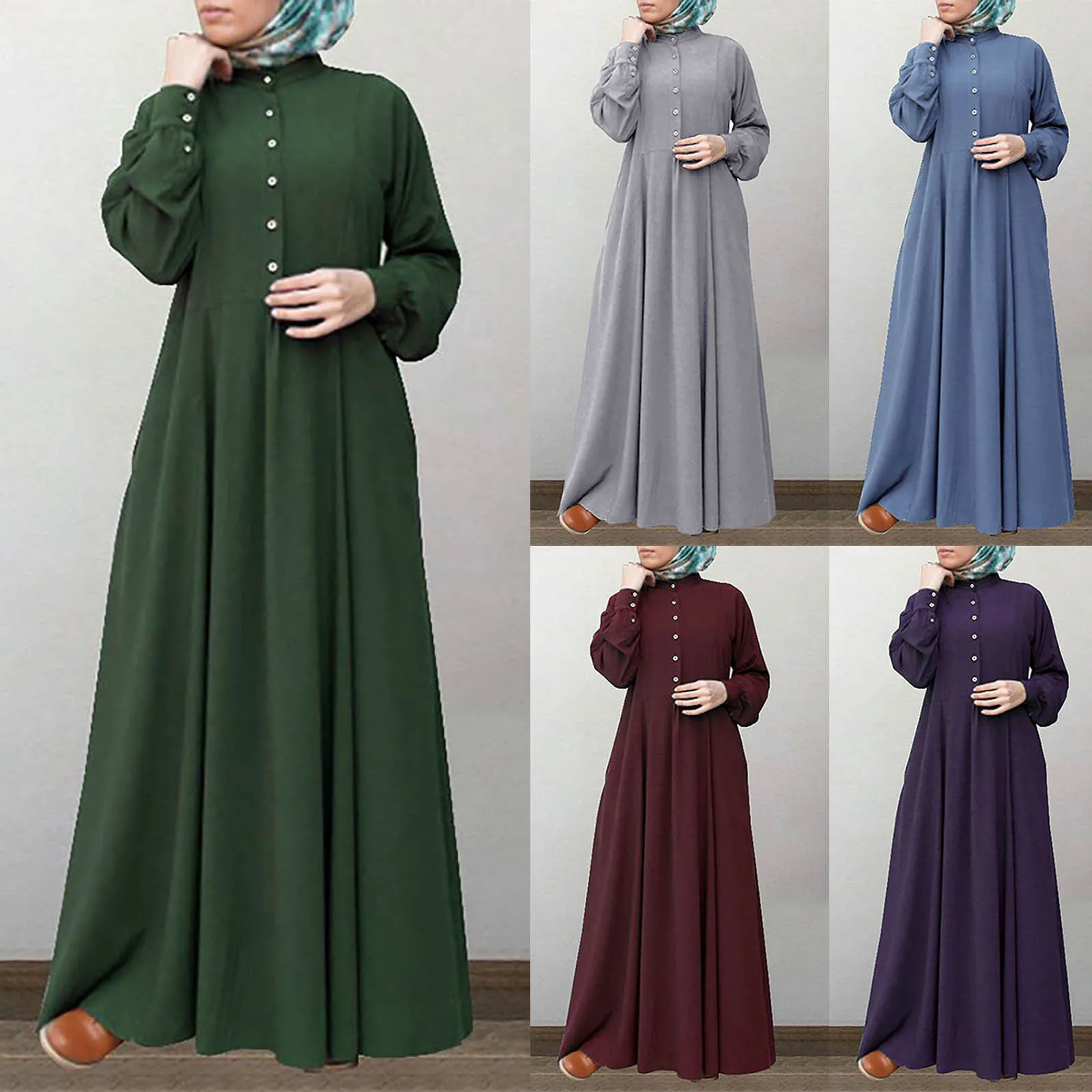 

2021 Ramadan Muslim Dress Robe Islam Clothing Women Retro Long Sleeve Button Dress Solid Color O-Neck Cotton Maxi Dresses