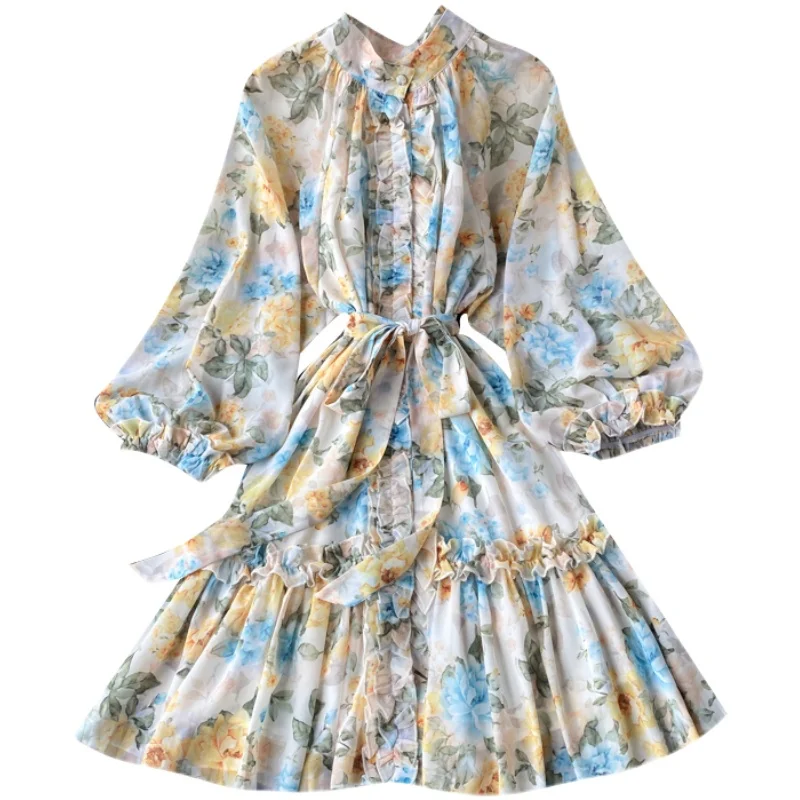 

Light luxury lady style fake dress spring dress new style retro Lantern Sleeve sweet fungus edge elegant Chiffon