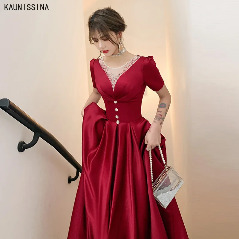 

KAUNISSINA Elegant Evening Dress Plus Size O-Neck Short Sleeve A-Line Floor-Length Satin Formal Dresses Women vestidos de fiesta