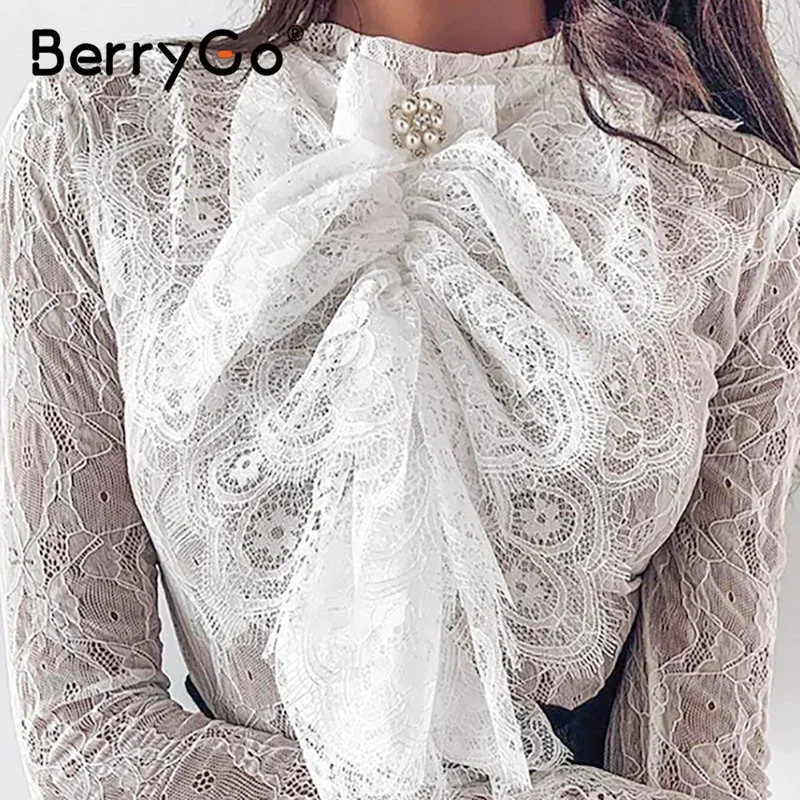 BerryGo элегантный галстук бабочка с жемчужиной Женская кружевная блузка со стоячим