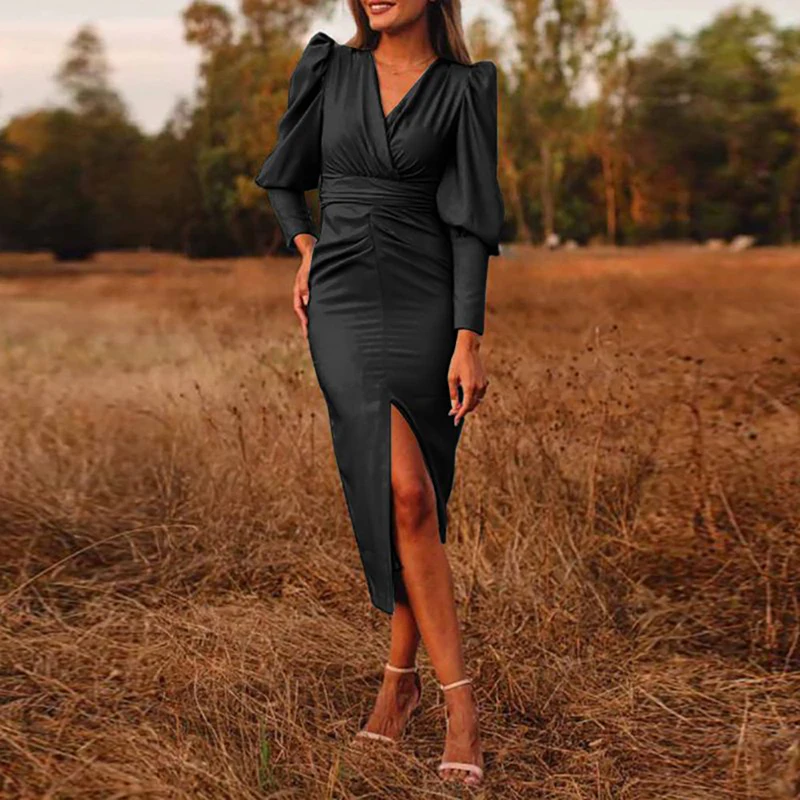 

Sexy V Neck Lady Commute Party Dress Elegant Puff Shoulder Drape Women Long Dress Solid Fashion Long Sleeve Slit Bodycon Dresses