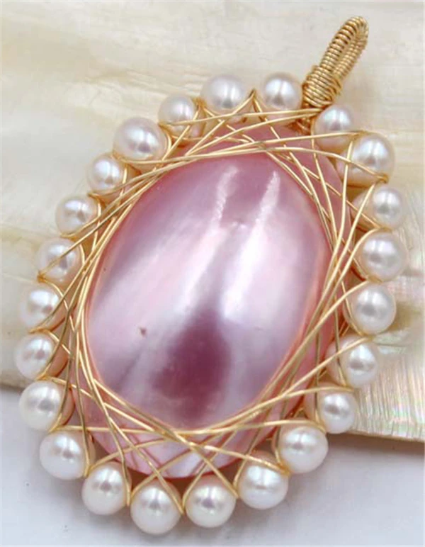 

HABITOO Luxury Huge 40mm Natural Pink Oval Mabe Pearl White Freshwater Pearl Gold Thread Hand Weave Pendant Jewelry for Women