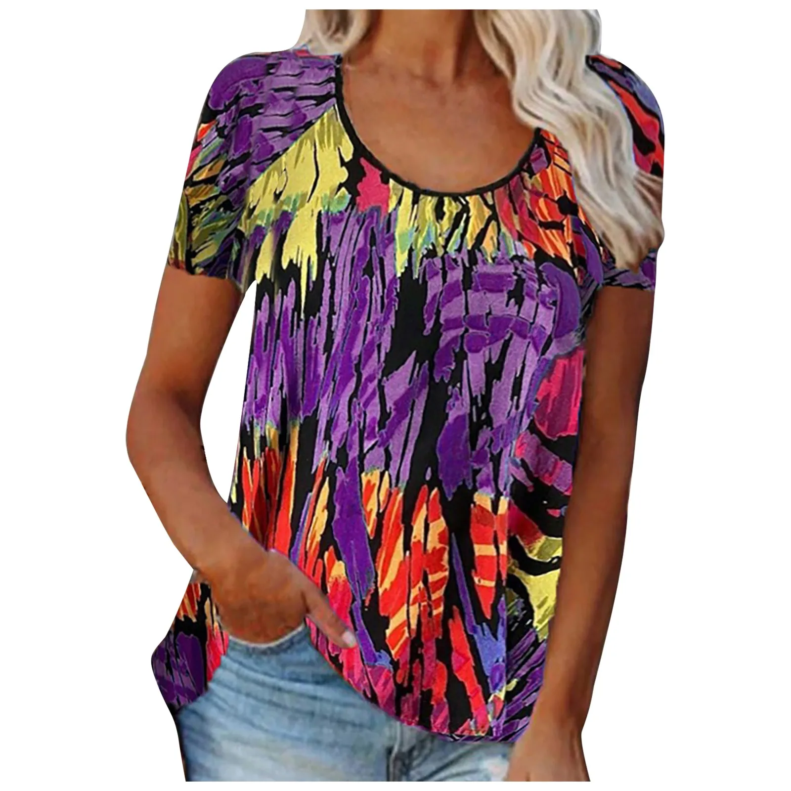 Женская туника с круглым вырезом фиолетовая блузка коротким рукавом и цветочным