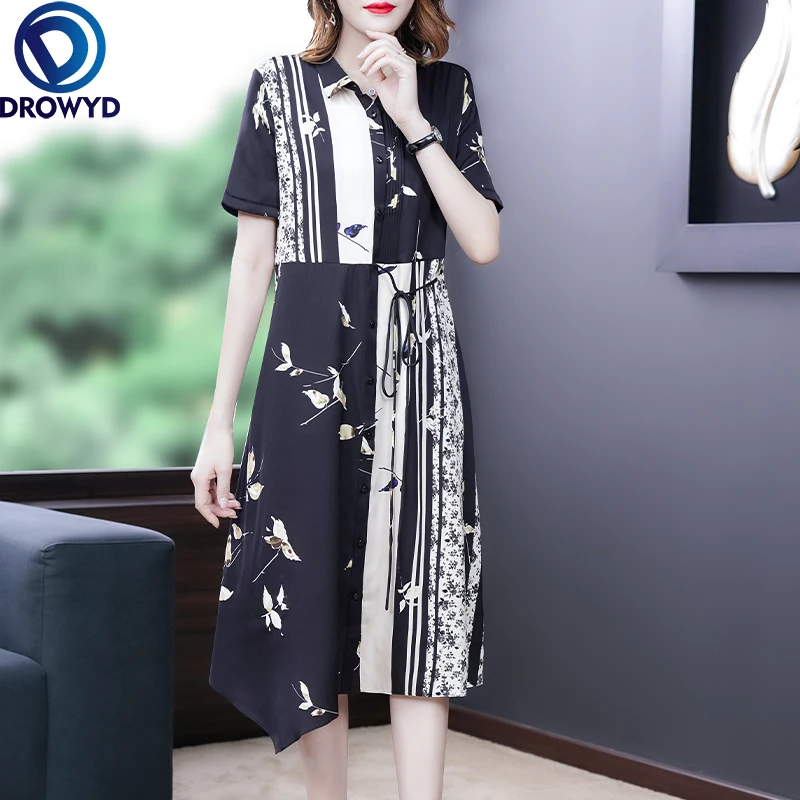 

Fashion Elegant Women Dresses Summer Ladies Black Short Sleeved Loose Printed Dress Female Vintage Bodycon Party Robe Vestidos