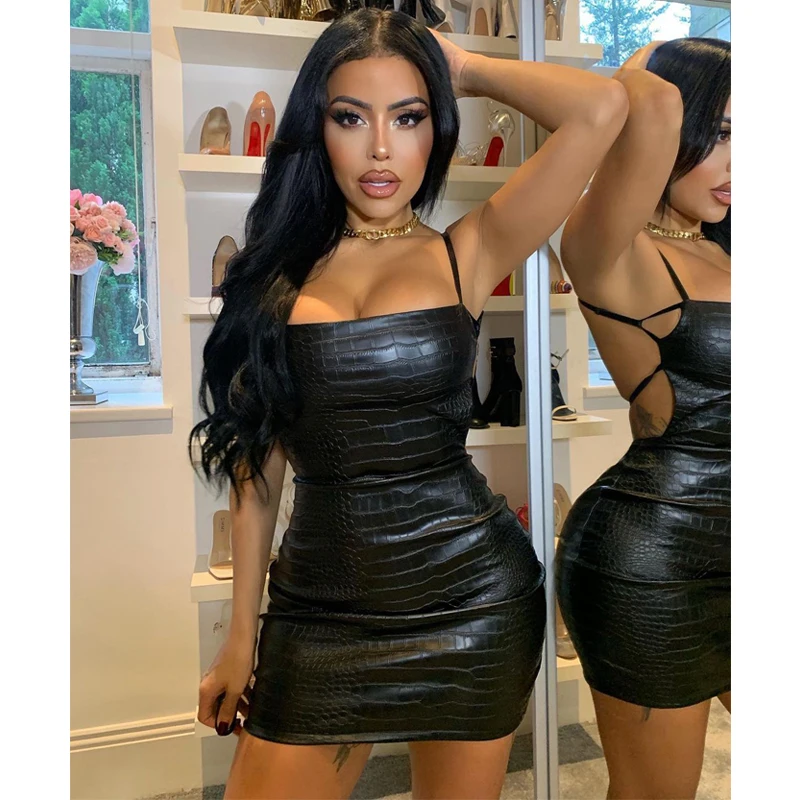 

2020 Sleeveless Solid Slash Neck Pu Leather Backless Sexy Mini Dress Autumn Winter Women Fashion Party Club Clothings club dress