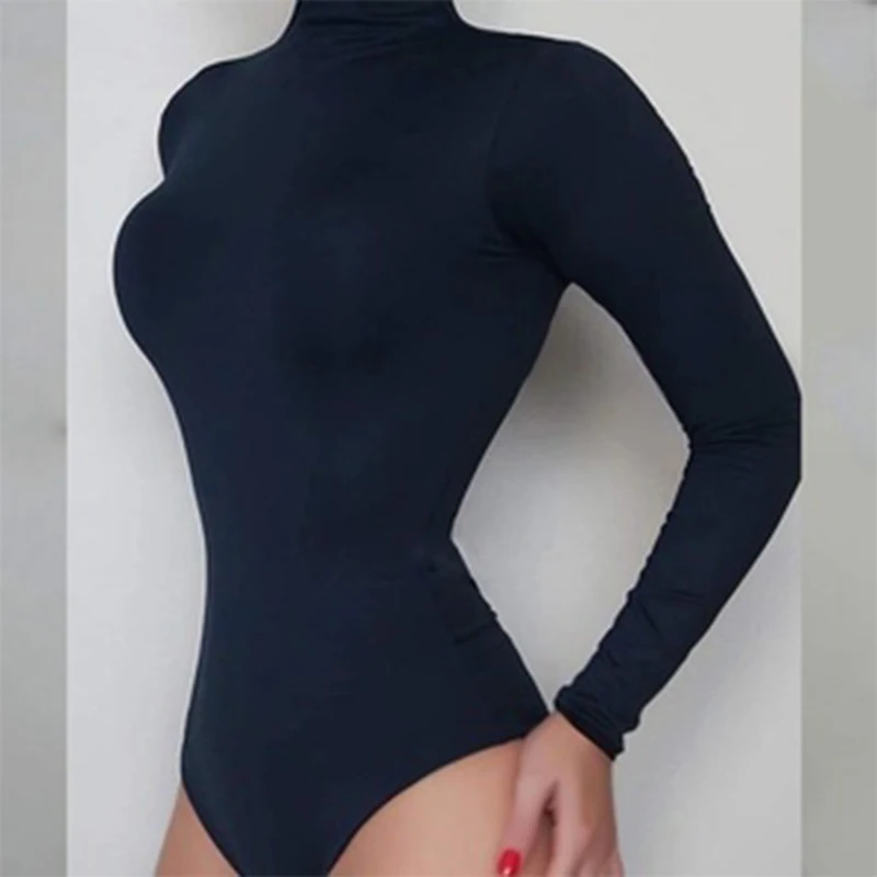 

2021 Autumn Women Casual Long Sleeve High Collar Jumpsuit Women's Solid Color Sexy Lingerie Bodysuits Simple Ladies Rompers