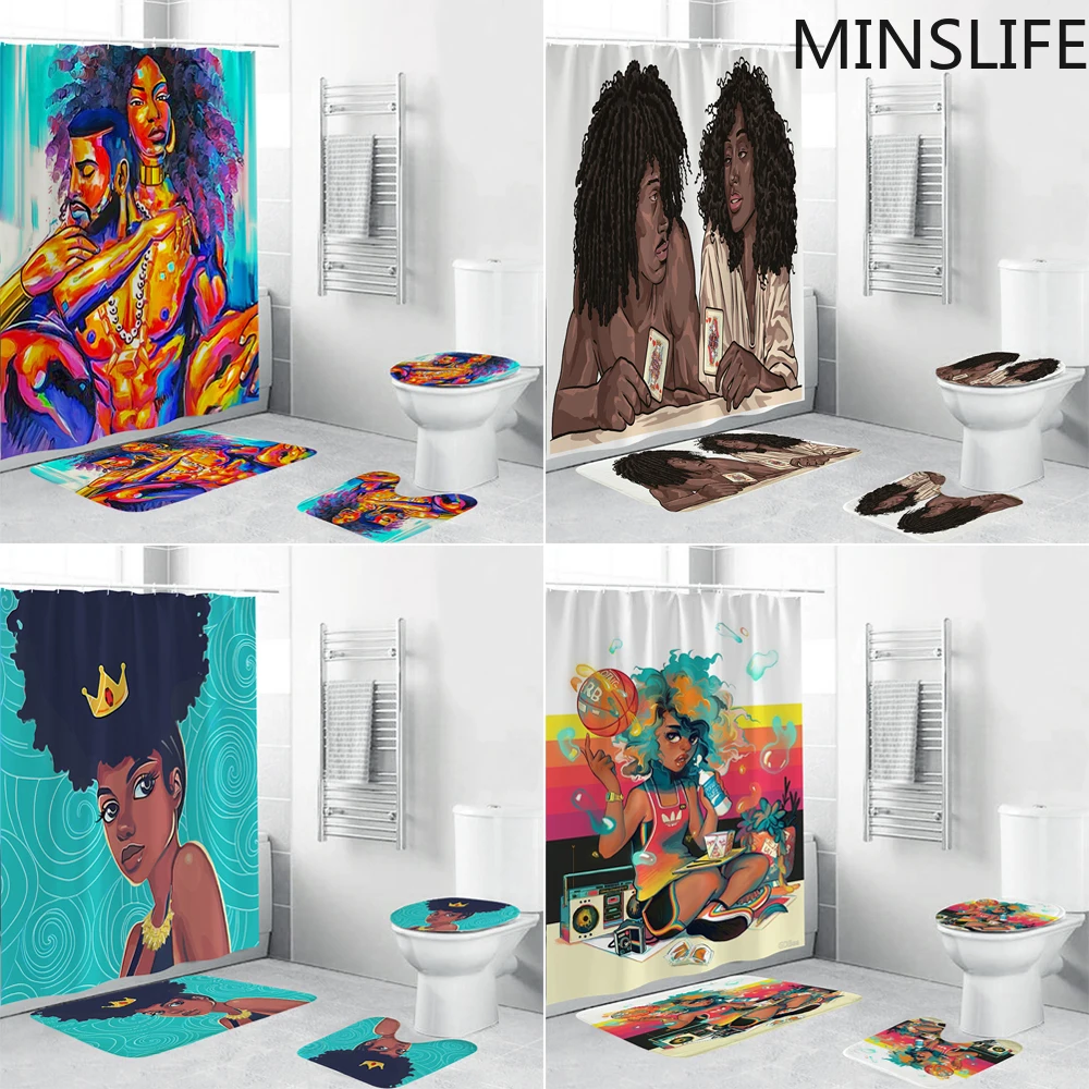 

Cute and Sexy Couple African Bathroom Set with Shower Curtain and Rugs Africa Lovely Bath Curtains Anti-skid Mats Toilet Cover