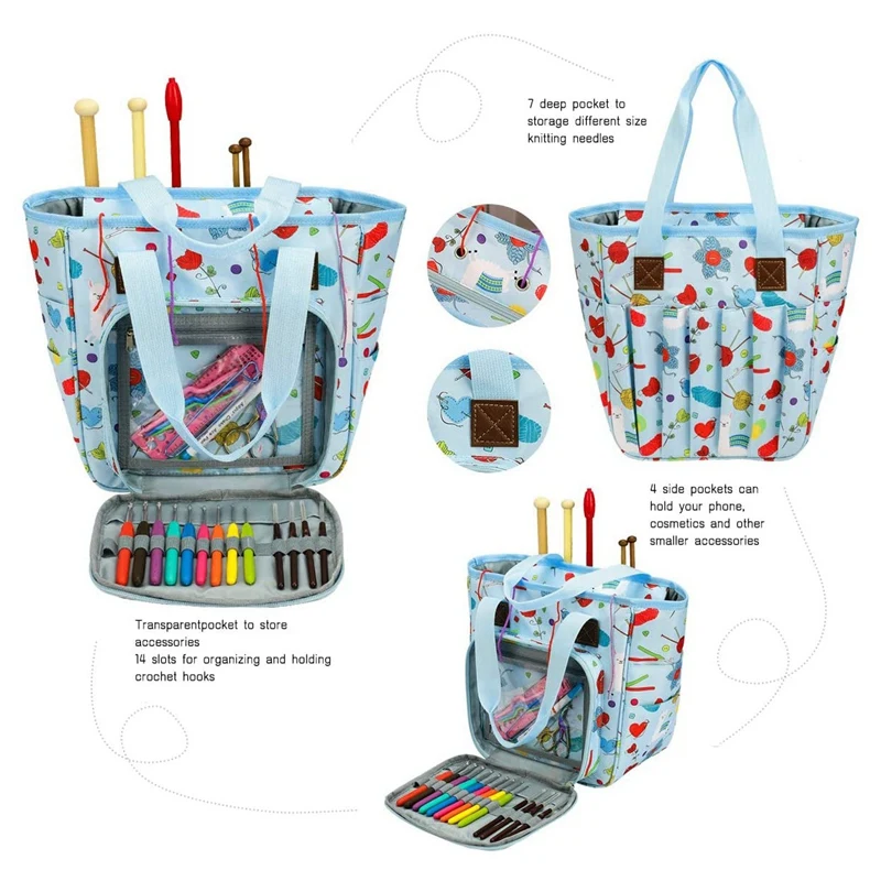 

Knitting Tote Bag,Yarn Storage Bag for Carrying Project with Pockets for Crochet Hooks, Knitting Needles and Accessory
