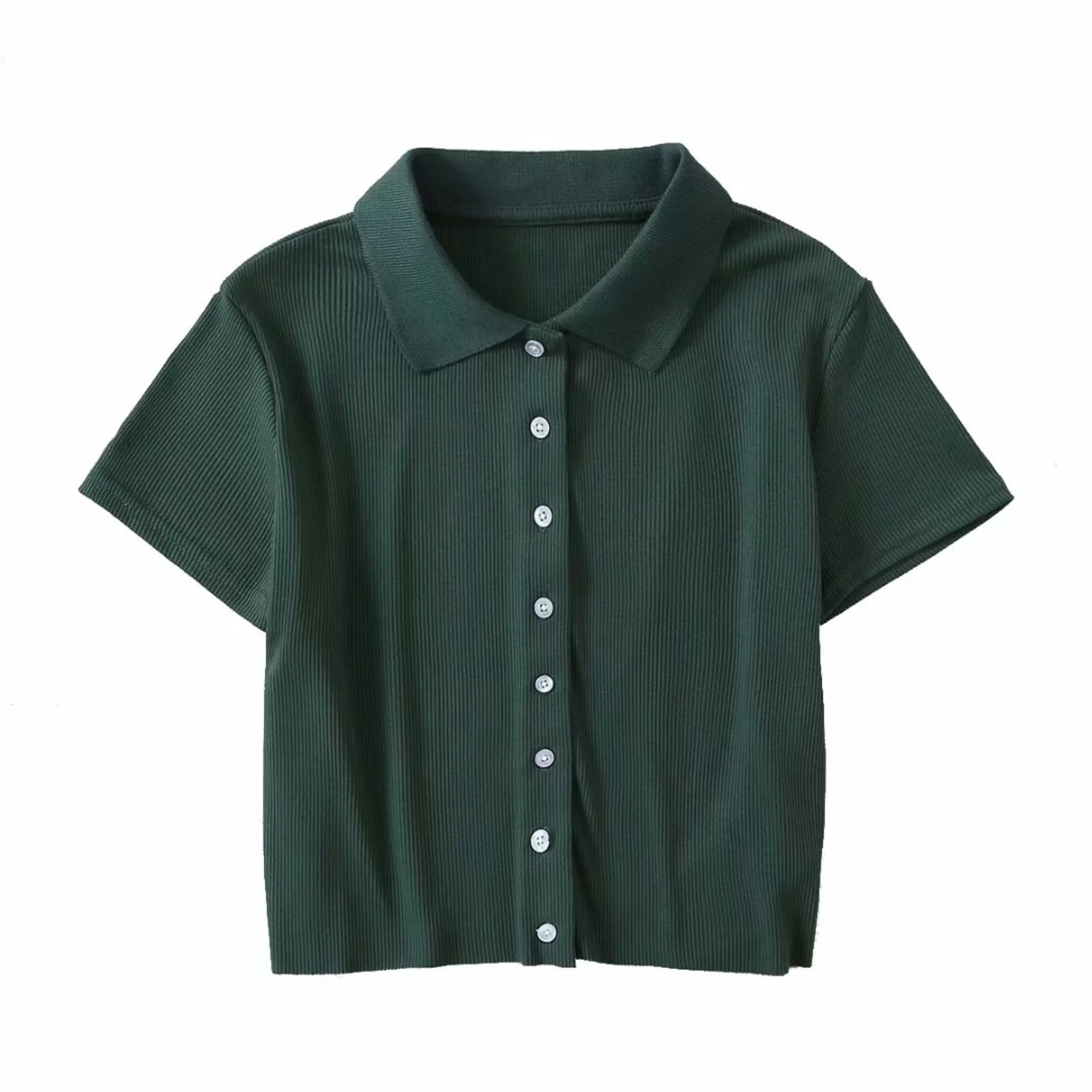 

2021 Brand New Women's T Shirt Short-style Single-breasted Turn-lapel T-shirt for Female Shirt Short-sleeved Tops Tshirt