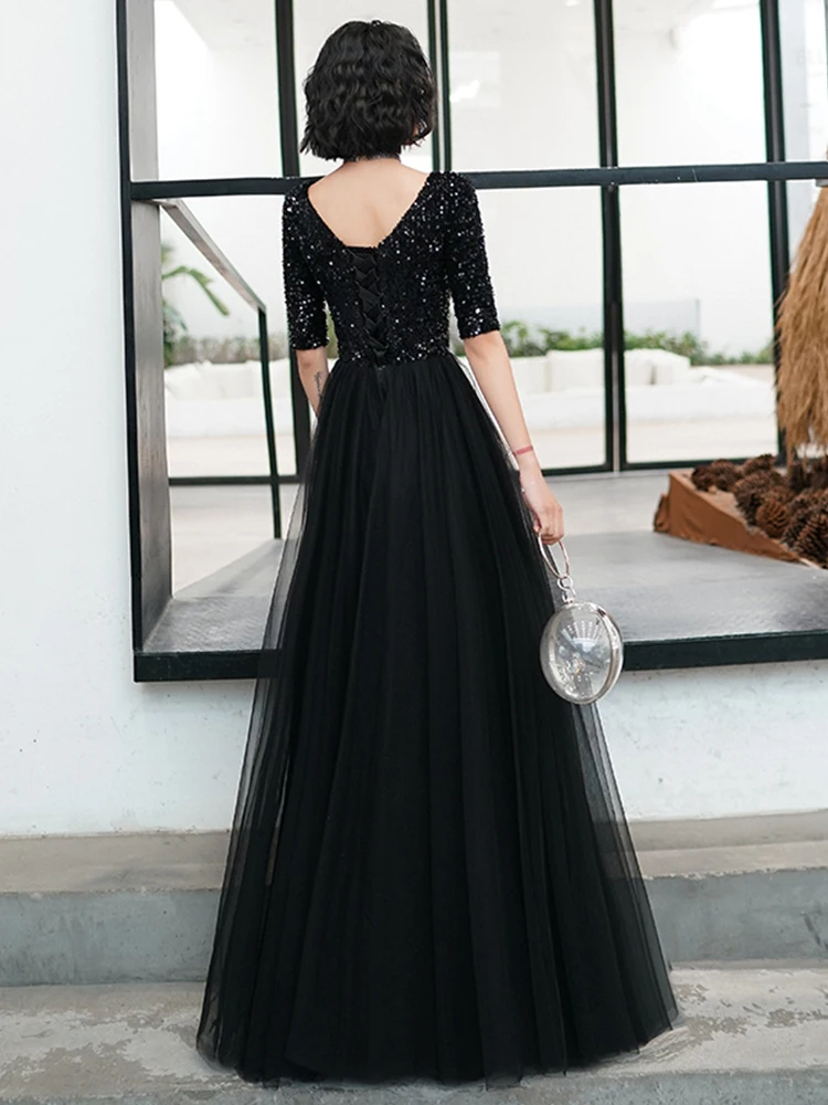 Женское вечернее платье с блестками AE754 черное элегантное длинное V-образным