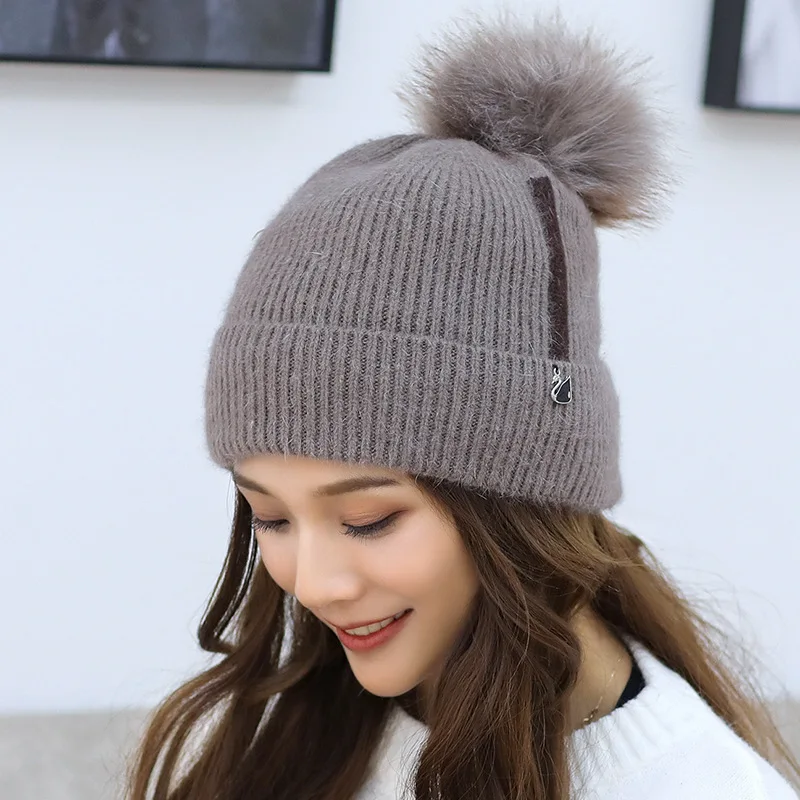 Зимние утолщенные вязаные шапочки для волос женская однотонная цветная нашивка