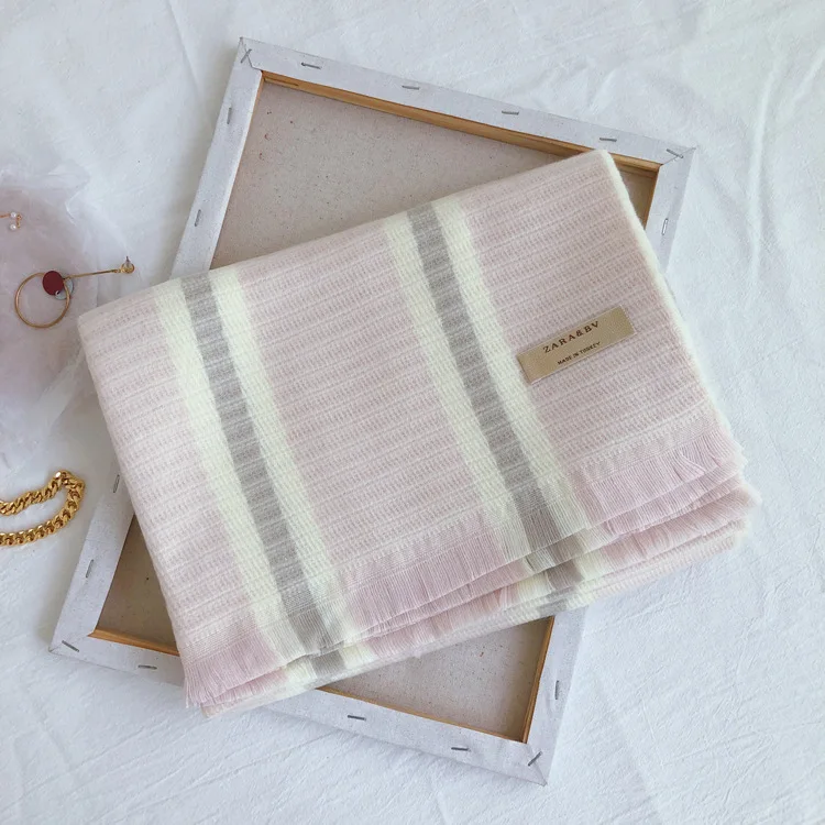 Light pink Брендовая Дизайнерская обувь в полоску Женский кашемировый шарф зима шарфы для женщин высокое качественные шали и палантины толстый теплый шарф пашмины женский объемный шарф - Цвет: Light pink