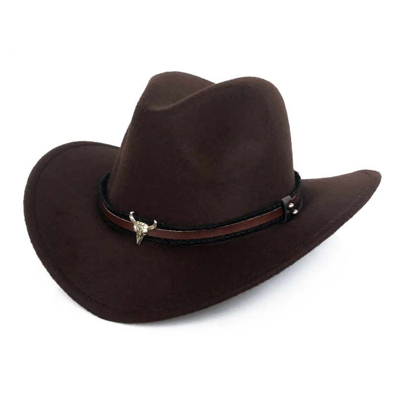 

Bull Head Badge Solid Color Ribbon Band Belt Women Men Wide Brim Felt Cowboy Cap Vintage British Elegant Jazz Winter Fedora Hat