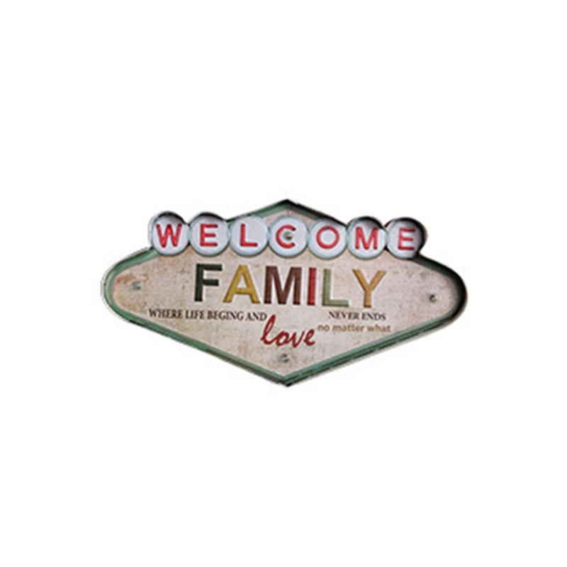 Retro Wrought Iron Led Lamp Bar Mural Family Letters Wall Hanging Decorations Tin Painting |