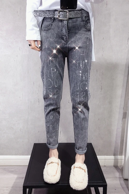 

2021 New Spring Women's Elastic Loose Korean Style Rhinestone Letter Ankle Length Black Gray Baggy Pants Jeans Daddy Pants