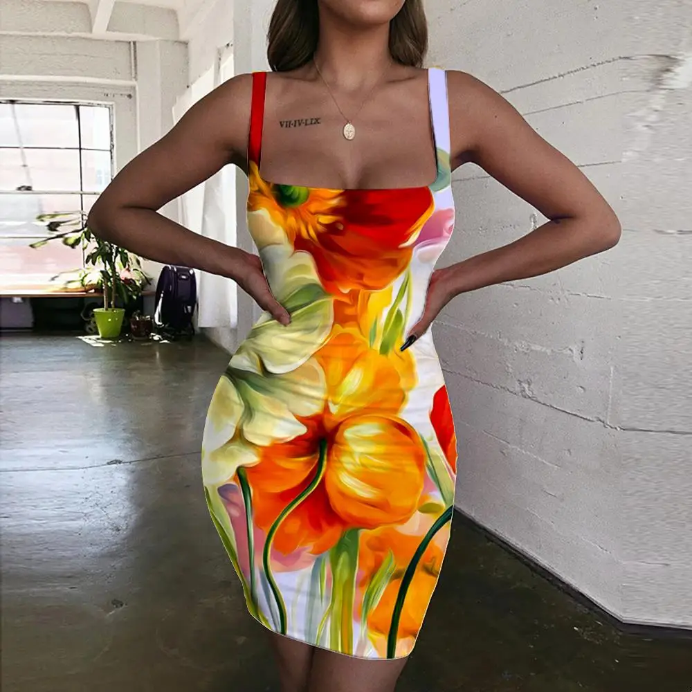 

KYKU Brand Flowers Dress Women Floral 3d Print Painting Bodycon Dress Colorful Ladies Dresses Womens Clothing Plus Size New